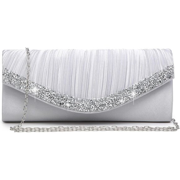 Women's Formal Satin Rhinestones Wedding Party Prom Dressy Clutches Silver Bag - Picture 1 of 6